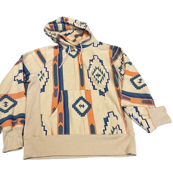 Champon Reverse Weave Aztec Print Sweatshirt Hoodie Desert Khaki Men's Medium M - Picture 1 of 9